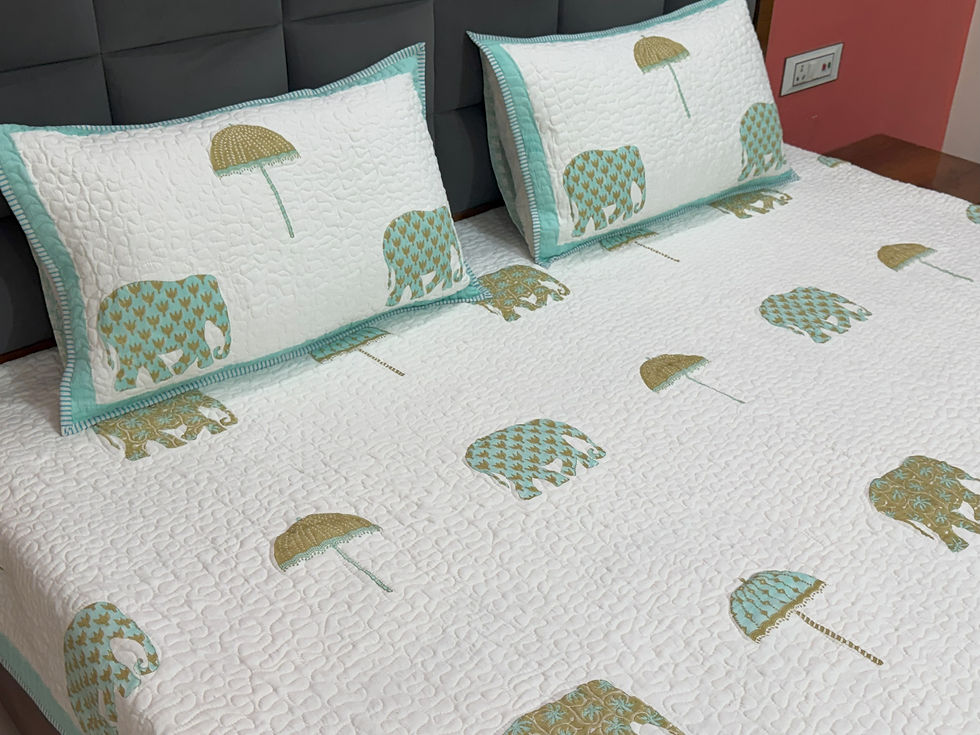 Thumbnail: 🐘Majestic Elephant- Hand block Bed Cover Set (Reversible) Queen Size (90"x108