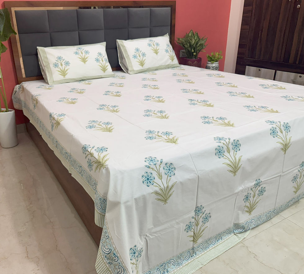 Thumbnail: Azure Blossom - Hand block printed bedsheet
