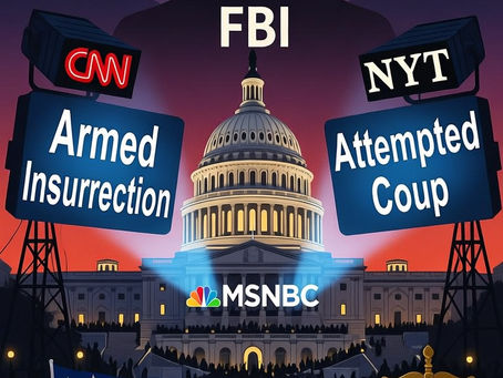 Editorial illustration for media bias example January 6 Capitol Riot article: Chaotic scene at the U.S. Capitol with mainstream media spotlights projecting 'Armed Insurrection' and 'Attempted Coup' narrative, symbolizing heavy narrative framing in the Rare Sense Odds Series.