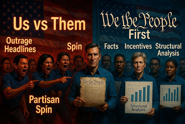 Hero illustration for Why Good People Fall for Bad Policies: Split image showing tribal division and emotional outrage on one side versus calm structural thinking, incentives, and We the People unity on the other