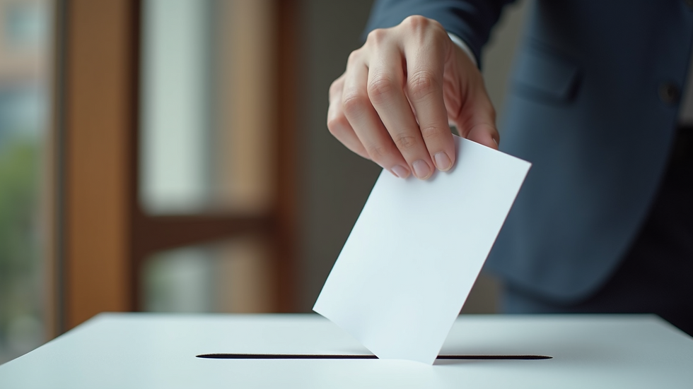 Close-up view of a voter dropping a ballot into a ballot box