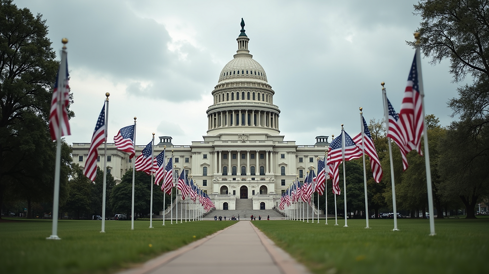Eye-level view of a government building with American flags