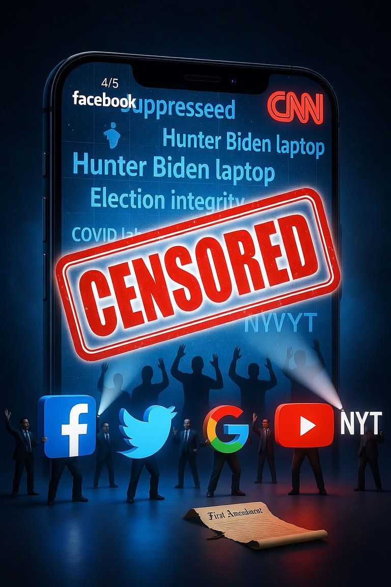 Editorial illustration for media bias example Big Tech censorship article: Giant tech logos as gatekeepers blocking stories behind a censored digital wall, with mainstream media cheering, symbolizing narrative control and suppression in the Rare Sense Odds Series