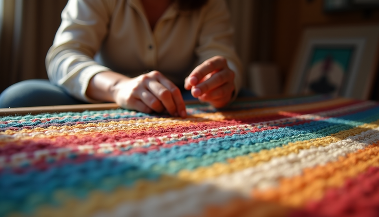 Eye-level view of a rug maker weaving a colorful rug using Mackenzie yarn