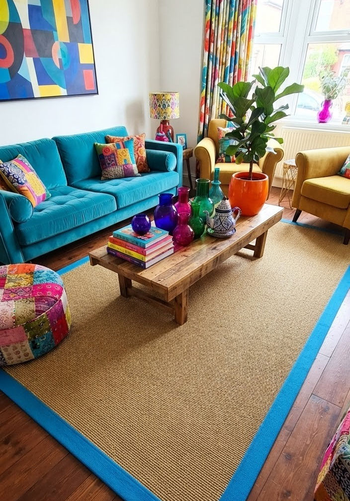A vibrant living room showcases a sisal area rug with a striking blue tape border, complemented by colourful furniture and décor.