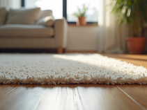 Person in grey pants slipping into fuzzy slippers on a rug in a bright bedroom, with a plant and bed in the background.