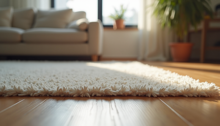 Eye-level view of a living room rug firmly secured on a hardwood floor