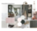 Primary bathroom mood board for an 1898 Victorian farmhouse featuring green cabinetry, marble surfaces, brass fixtures, soft pink textiles, white tile, and a coordinated color palette inspired by original fireplace tile.
