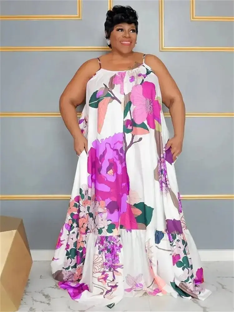 Thumbnail: Plus Size Women Clothing Dress Slip Flower Print Dress Elegant Full Length Max