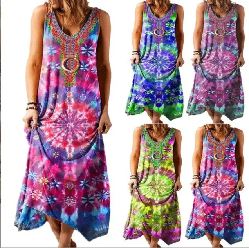 Thumbnail: Vintage Mandala Tie‑Dye Maxi Dress – Bohemian Floral Sleeveless Beachwear