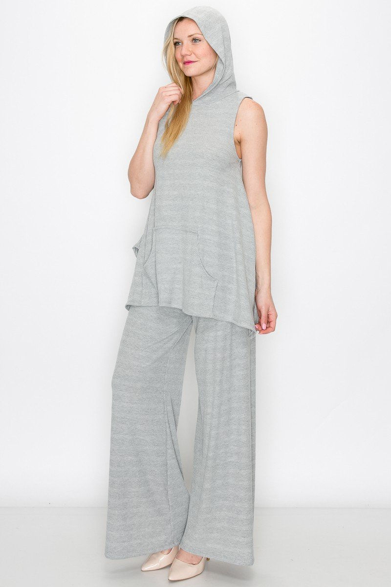 Sleeveless Hooded Top and Wide Leg Pants Set