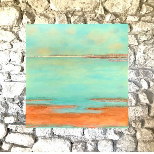 Miniature : Peinture de paysage semi abstrait de Camargue par l'artiste Patricia Jean-Cabot sur un mur en pierre.