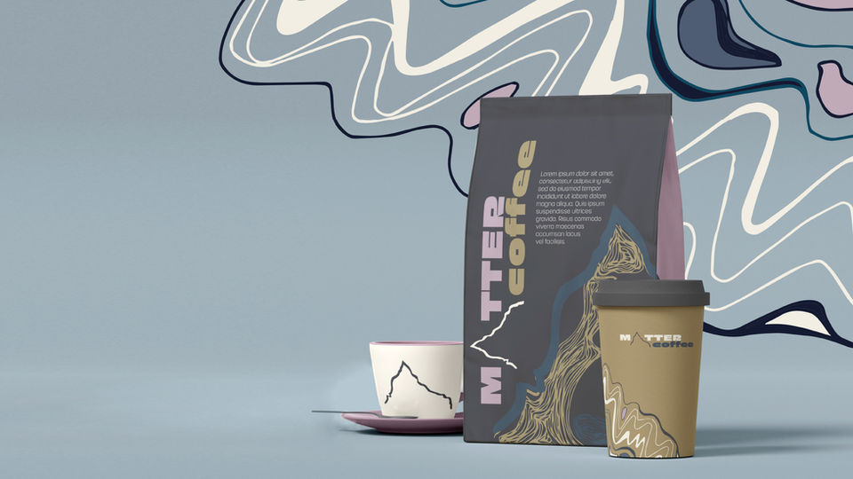 Matter Coffee bag and cup with mountain design
