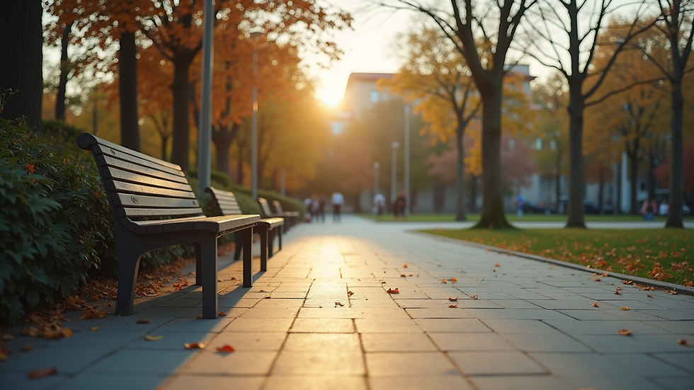 Eye-level view of a serene outdoor space with a bench and trees