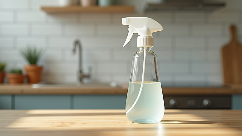 Close-up of a spray bottle with natural cleaning solution on a kitchen counter