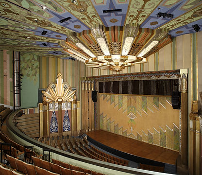 Martin Woldson Theater at the Fox, art deco theater. art deco lighting, decorative fire curtain,