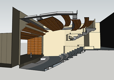 3D model thru theater section, acoustic reflectors, seatingrake, stage