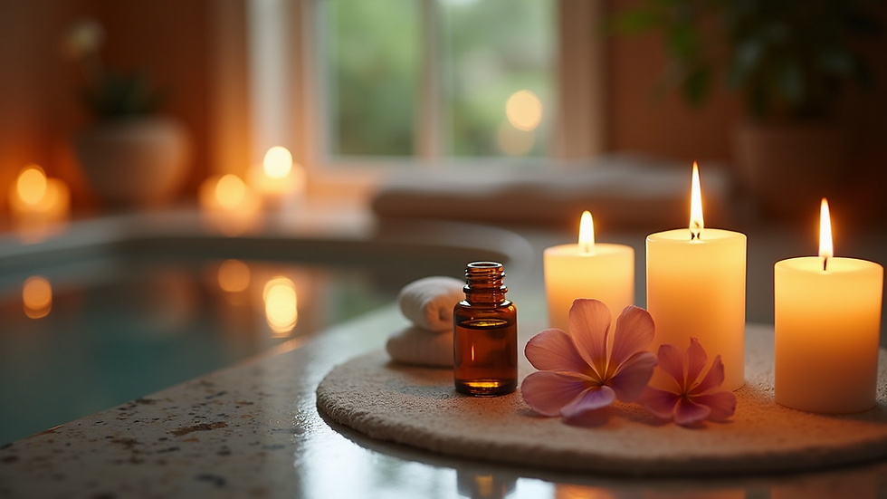 High angle view of a tranquil spa environment with soothing candles and essential oils
