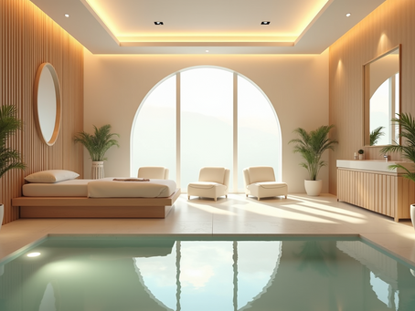 Luxurious spa room with a pool, lounge chairs, and potted plants. Soft lighting and large arched window create a tranquil ambiance.