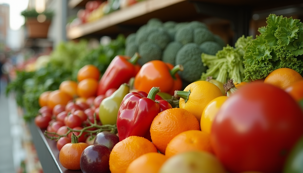 Eye-level view of a colorful assortment of fresh fruits and vegetables