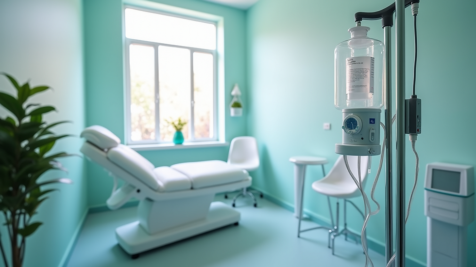 Mint green medical room with an IV stand, empty chair, and reclined examination bed, creating a calm atmosphere. Sunlight streams in.