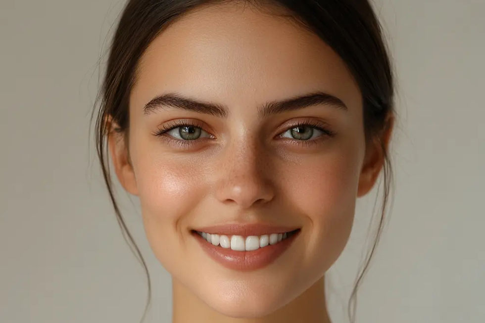Smiling woman with freckles and brown hair against a plain background. Bright, natural lighting highlights her relaxed, cheerful expression.