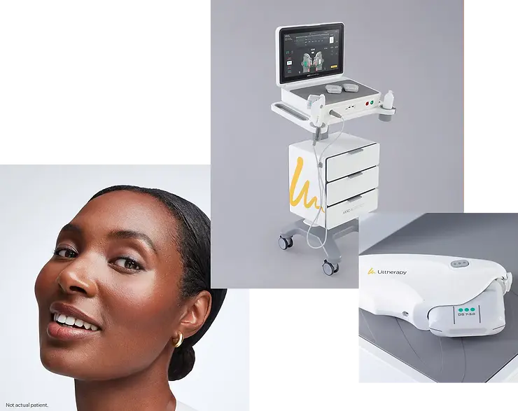 A woman smiles alongside a medical device with a screen and probes, showcasing the innovative Ultherapy technique, and a close-up of a handheld instrument.