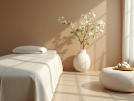 Minimalist room with a beige bed, pillow, and large vase of white flowers. Round ottoman holds a bowl. Sunlight through sheer curtains.