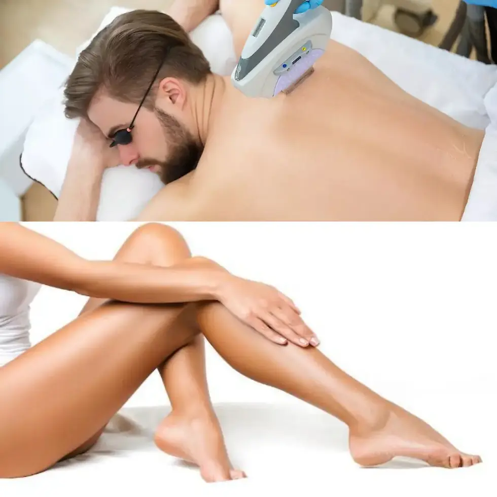 Man receiving back laser treatment; woman with smooth, crossed legs. Clean, clinical setting with white background. Relaxed mood.