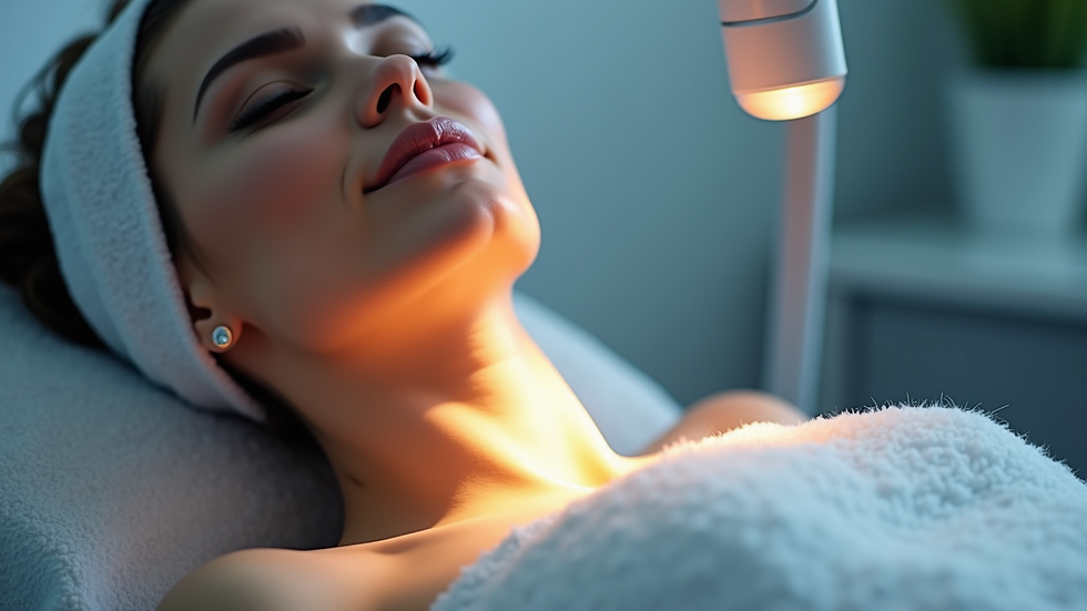 Woman relaxed under a warm light during a spa treatment. She wears a headband and earrings. Soft lighting creates a calm atmosphere.