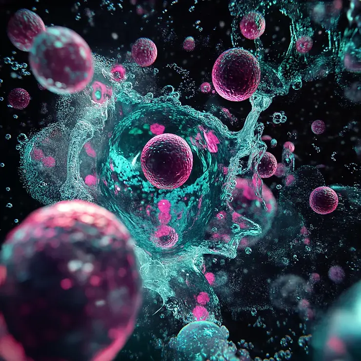 Abstract image of colorful spheres, resembling exosomes or cells with a mix of pink and teal hues, suspended in dark space.