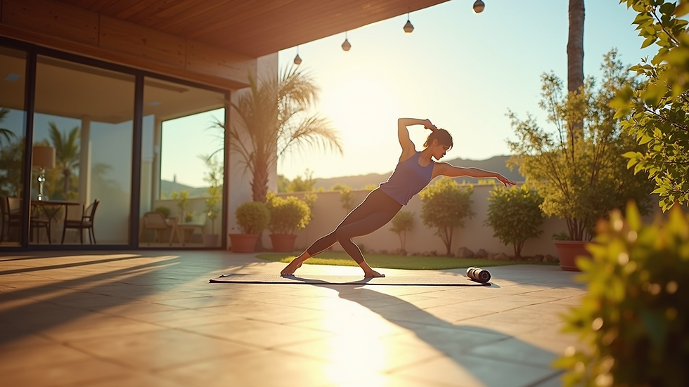 Wide angle view of a sunny outdoor space perfect for yoga practice