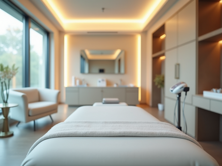 Spa room with a massage table, soft towel, modern decor, warm lighting, and large windows overlooking green trees, creating a serene ambiance.