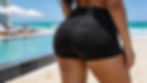 Person in black shorts by a poolside, sunny beach setting with white loungers and umbrellas, turquoise sea in the background.