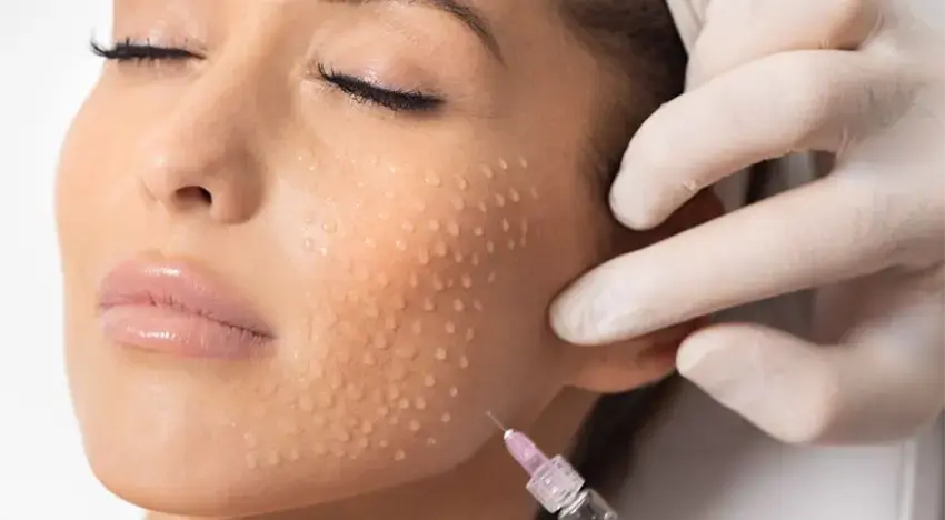 Person with closed eyes receiving skin treatment with syringe by gloved hand. Close-up, smooth complexion, calm setting.