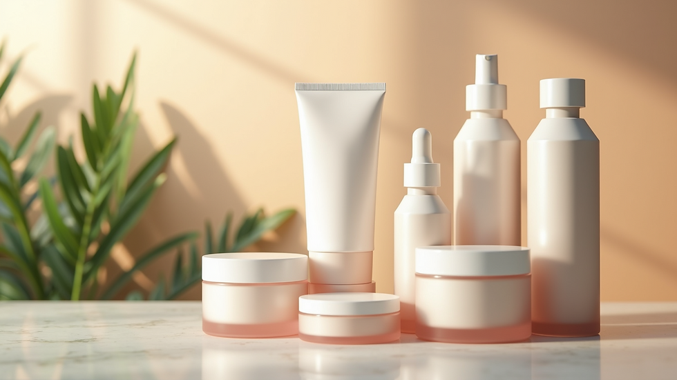 Skincare products on a marble surface, with a blurred plant and soft peach background. Bottles and jars in white and pink tones.