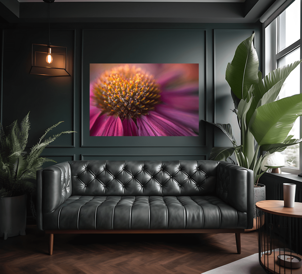 floral image over office lobby couch