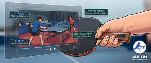 An illustrated graphic for ATTC Video Coaching showing a digital screen analyzing a table tennis match with annotations for stance, paddle angle, and shot placement, alongside the text 'Game-Changing Feedback, Off The Table'.