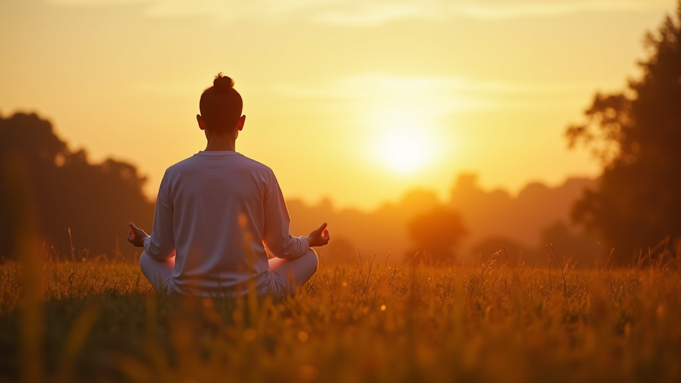 Eye-level view of a person meditating outdoors during sunrise