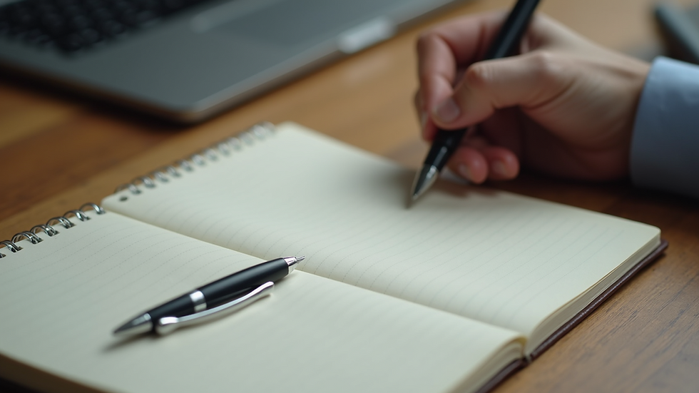 Eye-level view of a notebook and pen on a wooden desk