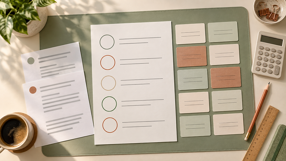 A DIY AI Visibility Scorecard with prompt cards and a calculator on a desk
