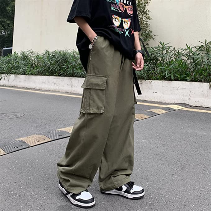 Baggy Cargo Joggers for Men Y2k Gothic Streetwear Wide Leg Cargo Pants with Pockets 