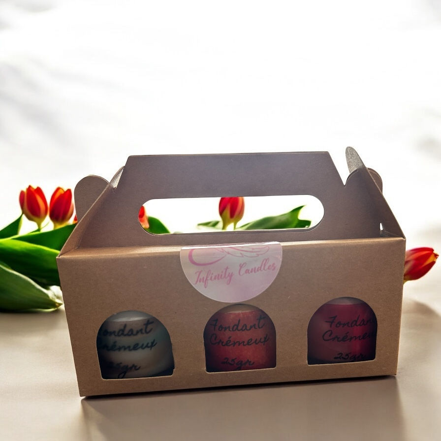 coffret fondant crémeux cachemire et soie, rubis ecarlate et mangue infinity candles drome