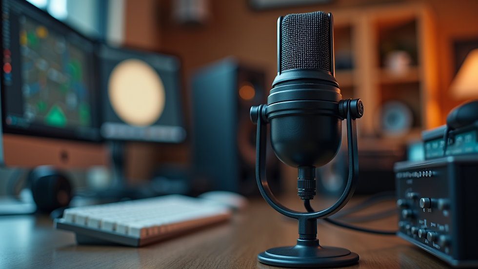 Eye-level view of a microphone and podcasting equipment on a desk