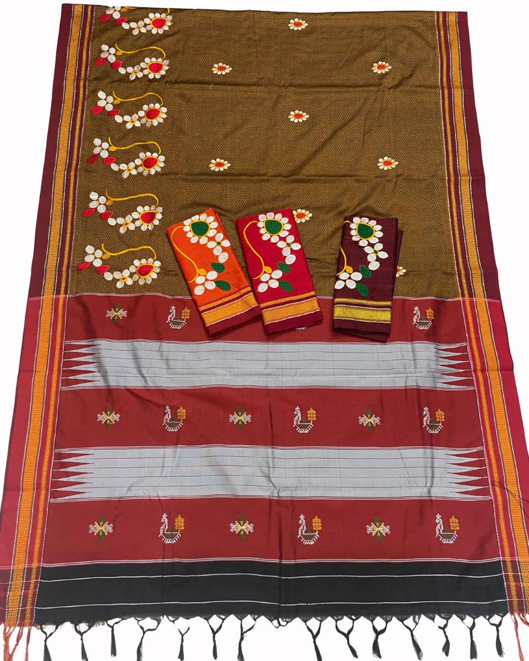Nath Work Resham Khan Maharashtrian Saree With Contrast Blouse Piece
