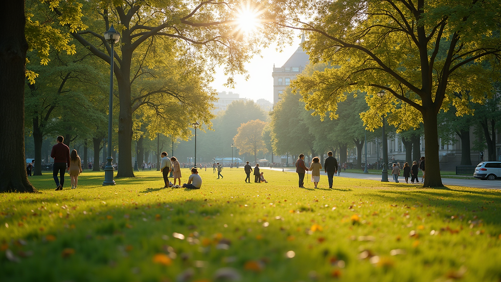 Eye-level view of a vibrant urban park with people enjoying leisure activities
