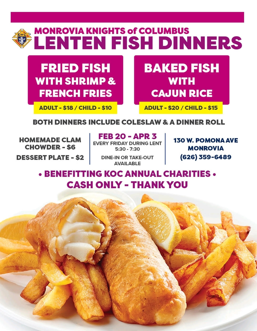 Monrovia Knights of Columbus Lenten Fish Dinners flyer