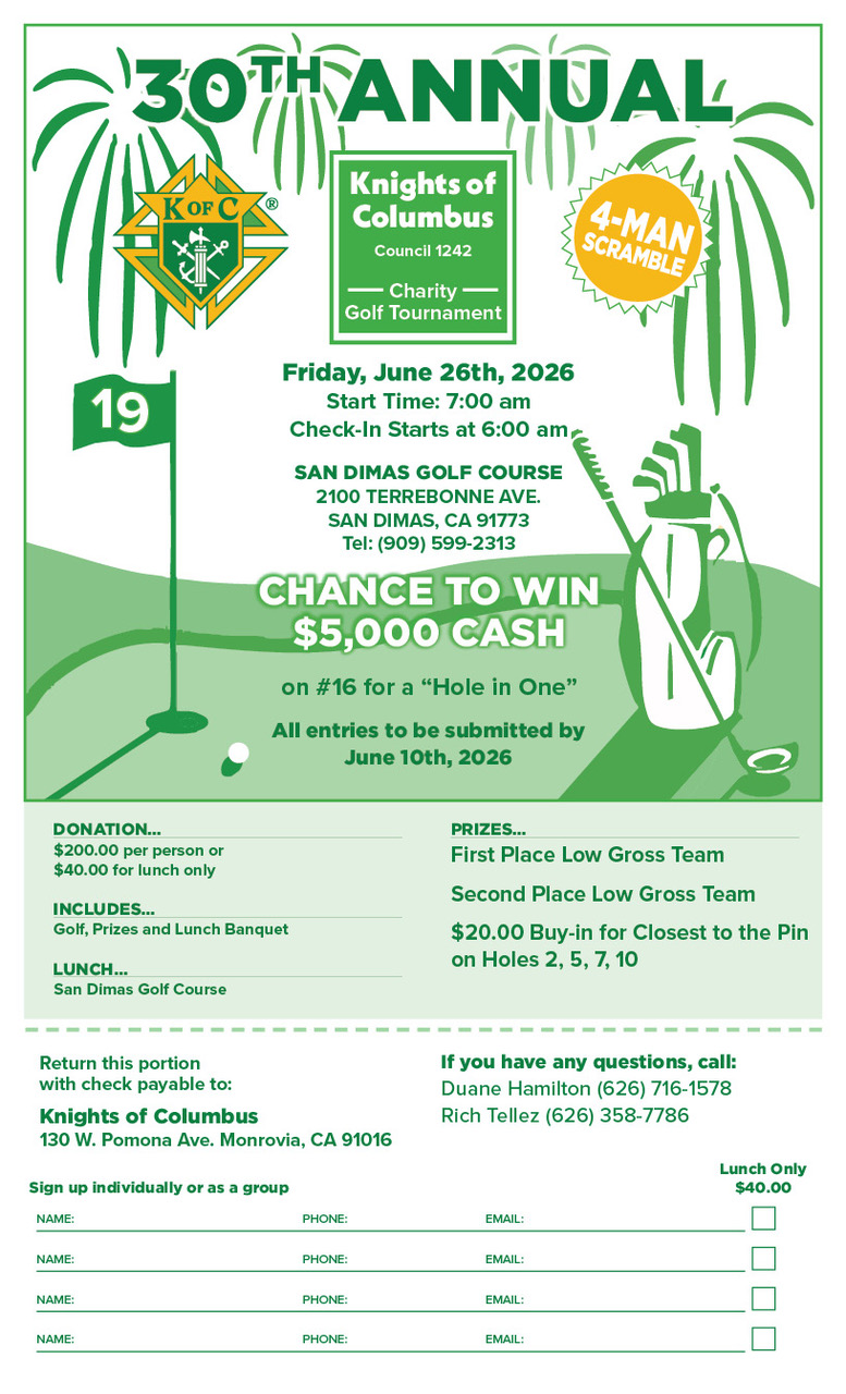 Monrovia Knights of Columbus Charity Golf Tournament flyer