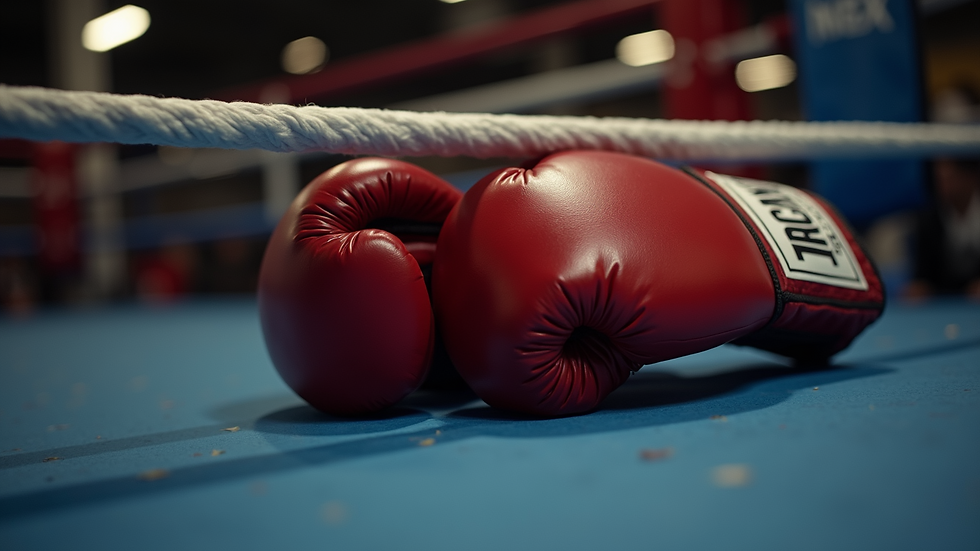 Close-up view of boxing gloves resting on the ring ropes