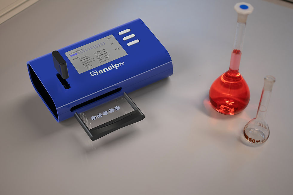 Illustration of SensipDx’s lab-on-a-cartridge device, showcasing its compact and efficient design for bacterial detection.